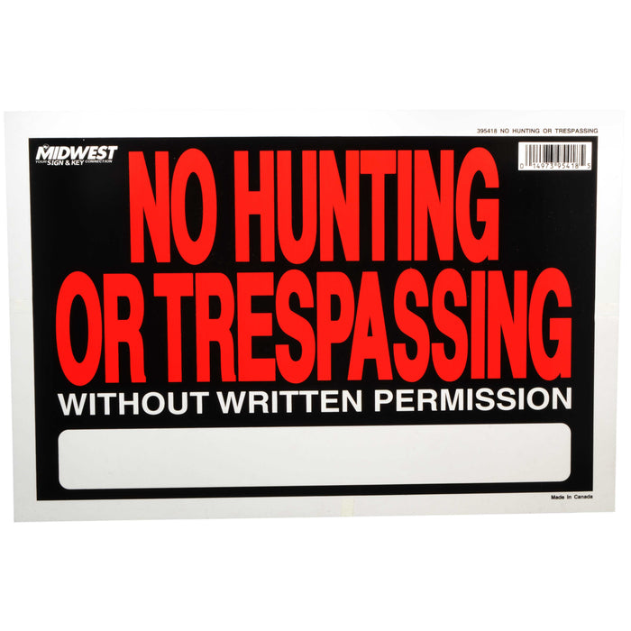 8" x 12" Red/Black Styrene Plastic "No Hunting/Trespassing" Signs