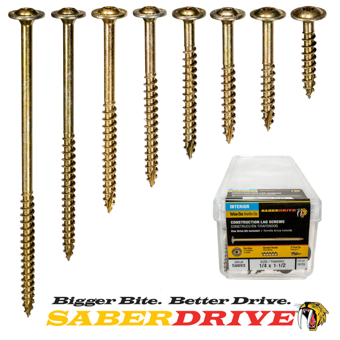 SaberDrive® Yellow Zinc Star Drive Round Washer Head Construction Lag Screws