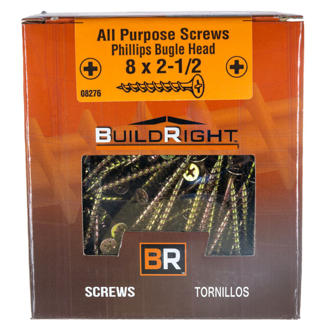 #8 x 2-1/2" Zinc Plated Steel Coarse Thread Phillips Bugle Head All Purpose Screws