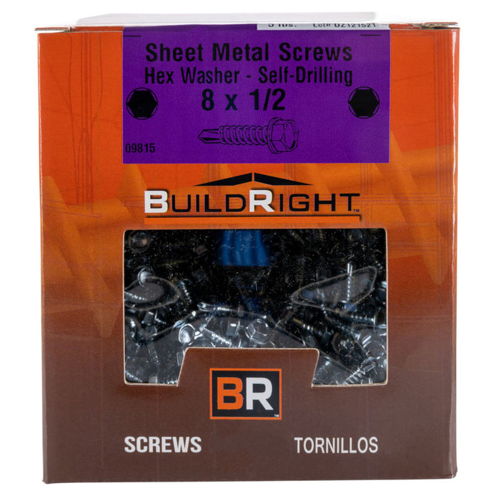 #8-18 x 1/2" Zinc Plated Steel Hex Washer Head Self-Drilling Screws SDSHWS-101