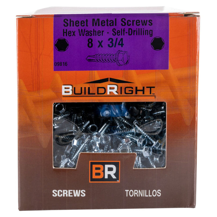 #8-18 x 3/4" Zinc Plated Steel Hex Washer Head Self-Drilling Screws SDSHWS-107