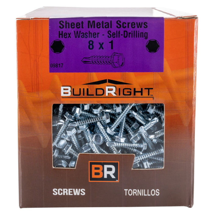 #8-18 x 1" Zinc Plated Steel Hex Washer Head Self-Drilling Screws SDSHWS-110