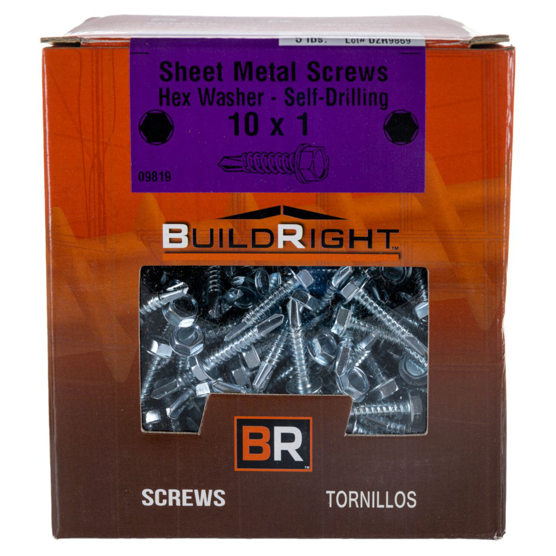 #10-16 x 1" Zinc Plated Steel Hex Washer Head Self-Drilling Screws