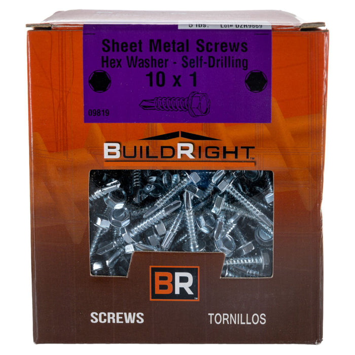 #10-16 x 1" Zinc Plated Steel Hex Washer Head Self-Drilling Screws