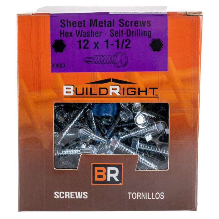 #12-14 x 1-1/2" Zinc Plated Steel Hex Washer Head Self-Drilling Screws