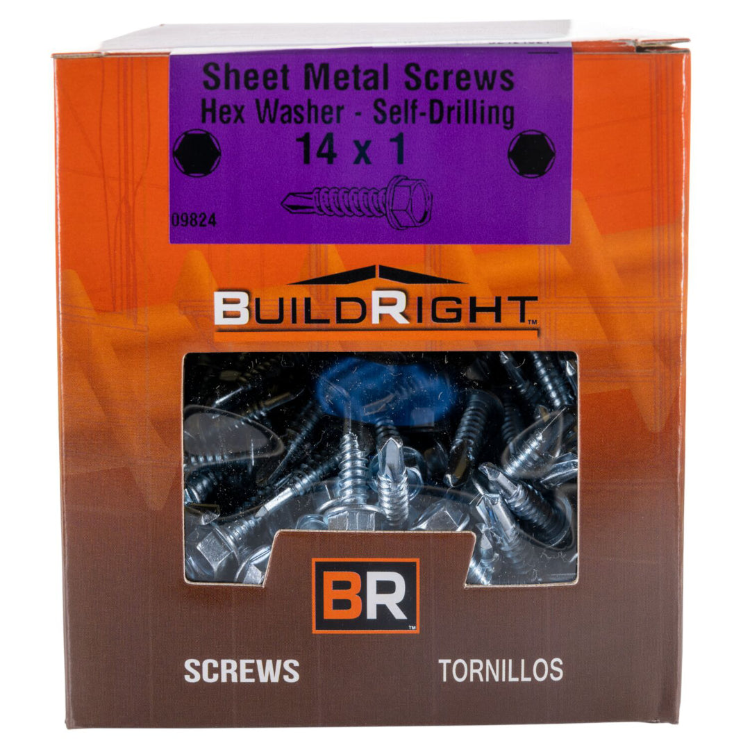 #14-14 x 1" Zinc Plated Steel Hex Washer Head Self-Drilling Screws