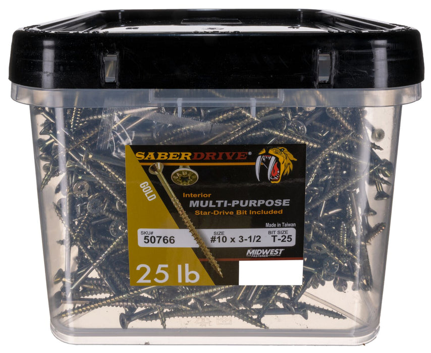 10 x 3-1/2" Star Drive Gold Multi-Purpose SaberDrive® Screws 25 lb. Tub (1358 pcs.)